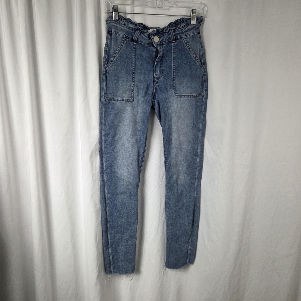 Ashley Mason Jeans Juniors 7 Blue High Rise Paperbag Waist Raw Hem Stretch Denim